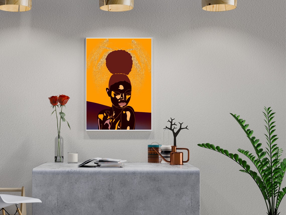 Bold Afro Woman Golden Sunset Orange Glitter Modern Art Poster - Image 3