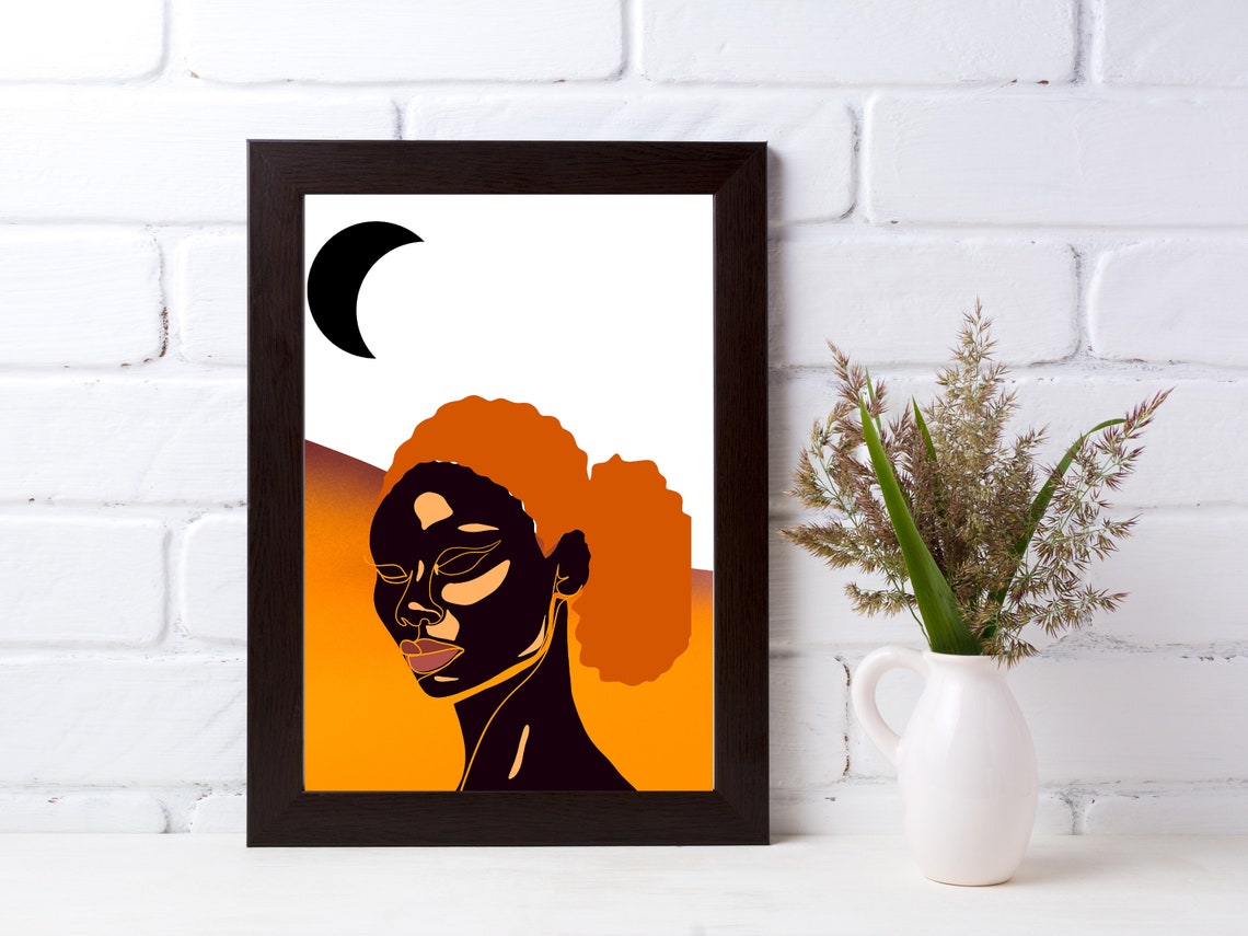 Black Woman Orange Afro Abstract Sunset Moon Portrait Poster