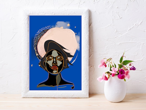 Golden Halo Woman On Cobalt Blue Abstract Portrait Wall Poster