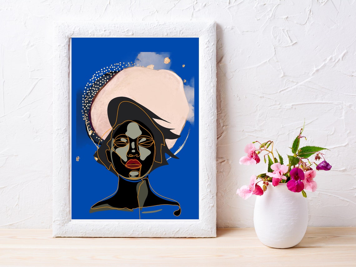 Golden Halo Woman On Cobalt Blue Abstract Portrait Wall Poster