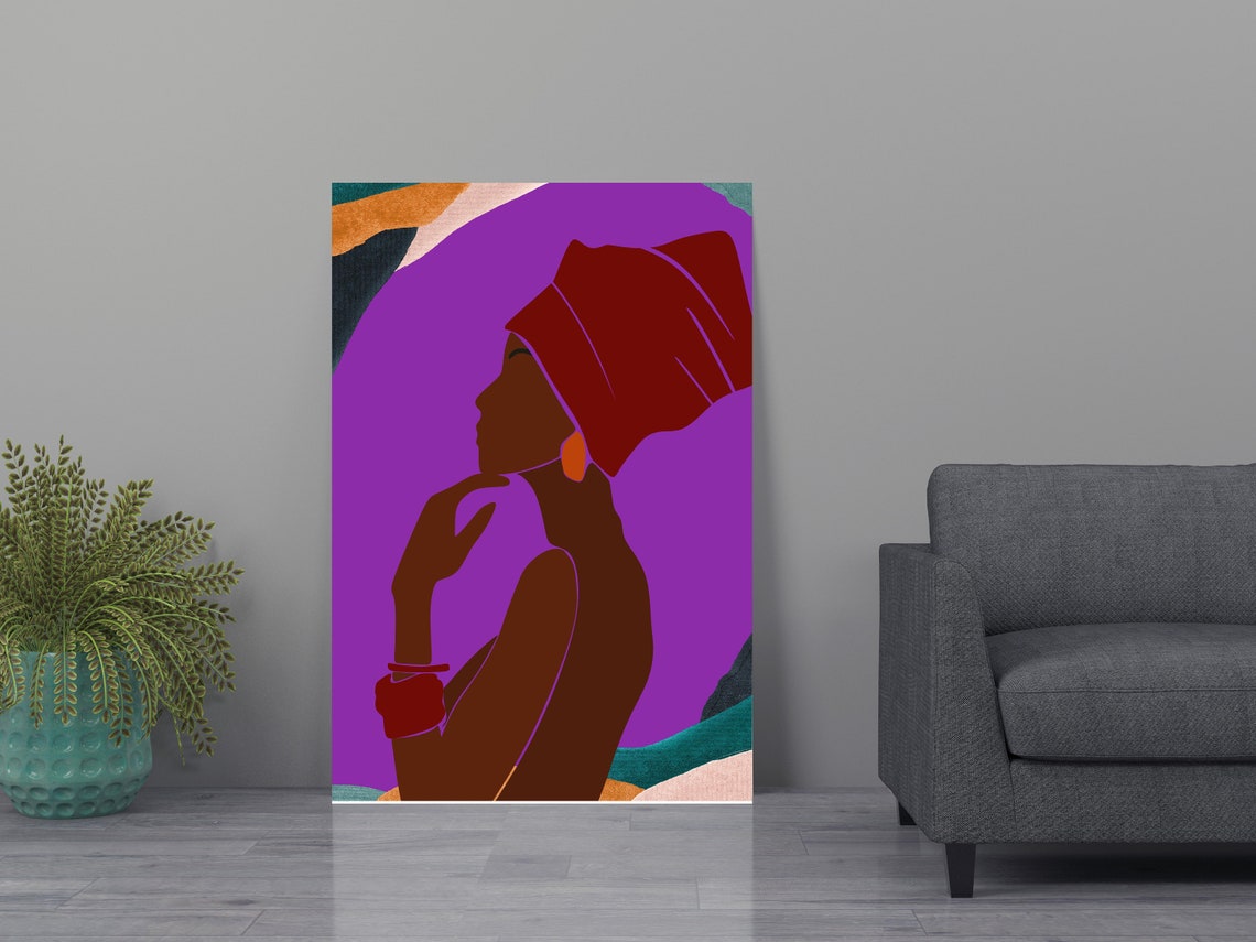 Red Headwrap Woman Profile Purple Abstract Modern Art Poster - Image 3