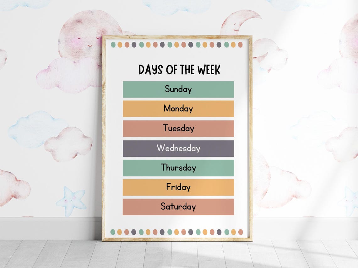 Days Of The Week Educational Chart Kids Classroom Learning Print
