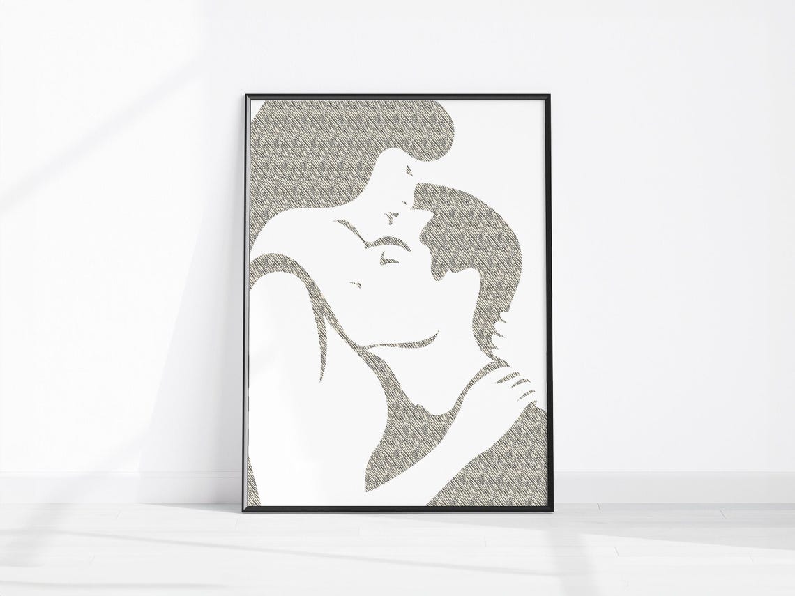 Minimalist Couple Kiss Line Art Romantic Above Bed Wall Decor Print