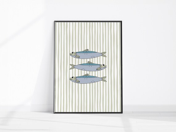 Three Sardines Illustrated Sage Green Stripe Kitchen Art Poster