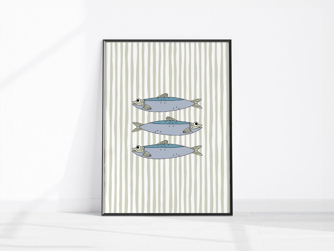 Three Sardines Illustrated Sage Green Stripe Kitchen Art Poster