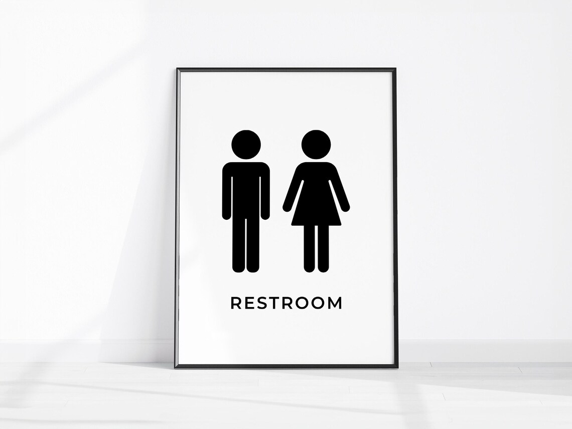 Unisex Restroom Sign Minimalist Black White Bathroom Wall Art