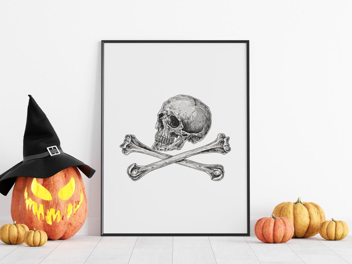 Vintage Skull And Crossbones Etching Halloween Gothic Art Poster