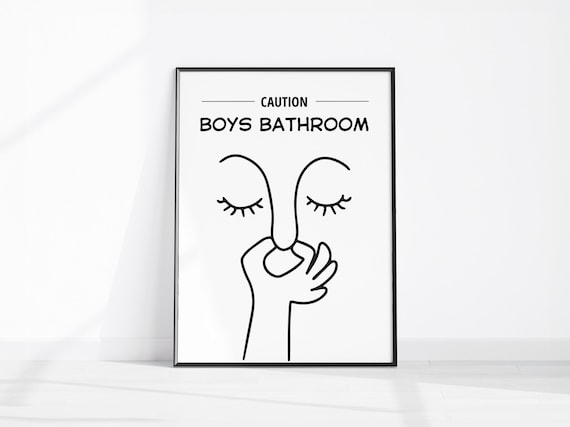 Caution Boys Bathroom Funny Minimal Line Art Toilet Humor Poster