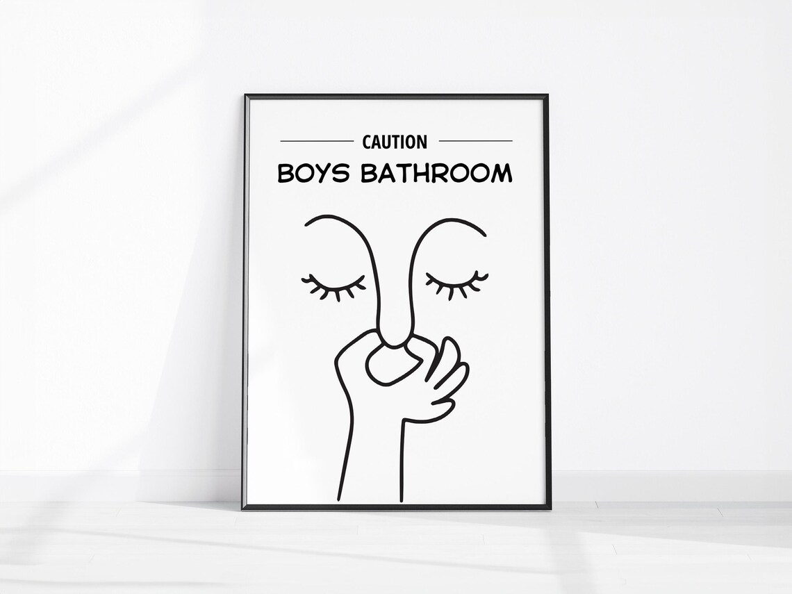 Caution Boys Bathroom Funny Minimal Line Art Toilet Humor Poster
