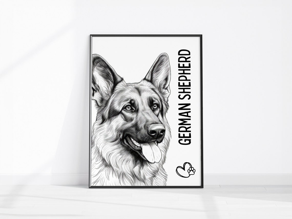German Shepherd Black And White Sketch Portrait Dog Lover Poster