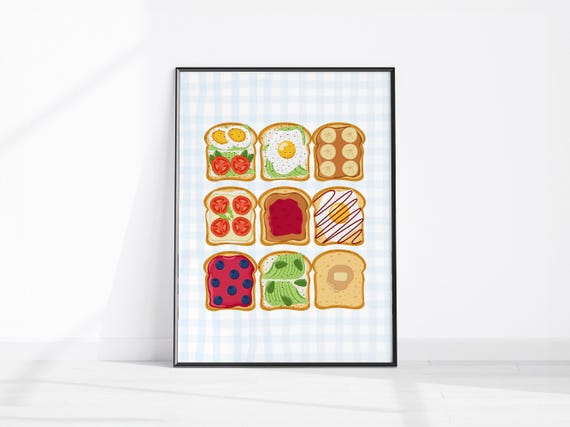 Toast Wall Art Bread Poster Food Decor Avocado Eggs Tomato Banana Jam Berries Butter Print Gingham Tablecloth