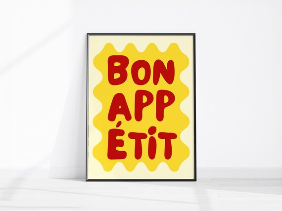 Bon Appetit Red Yellow Retro Bubble Letter Kitchen Typography Wall Art