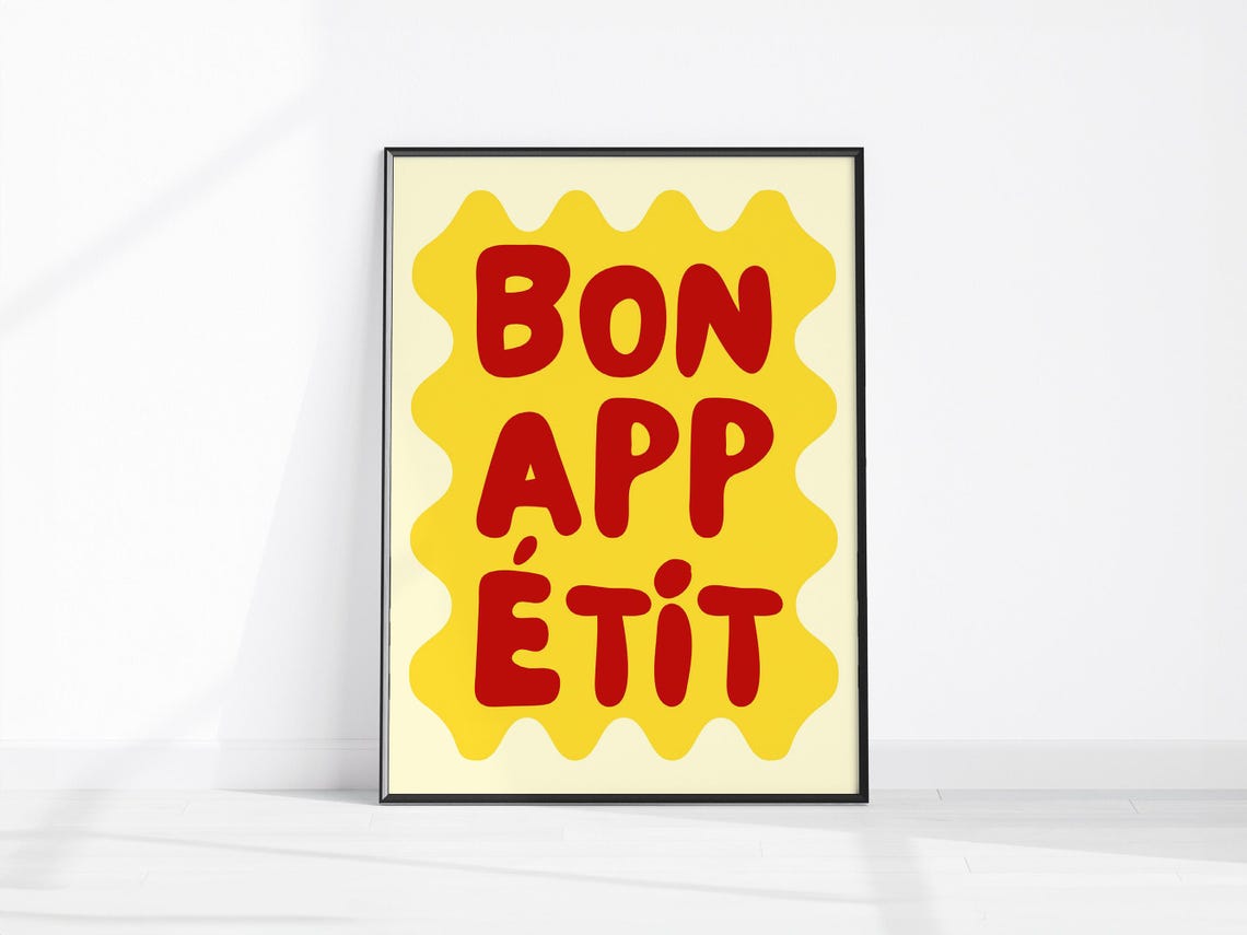 Bon Appetit Red Yellow Retro Bubble Letter Kitchen Typography Wall Art