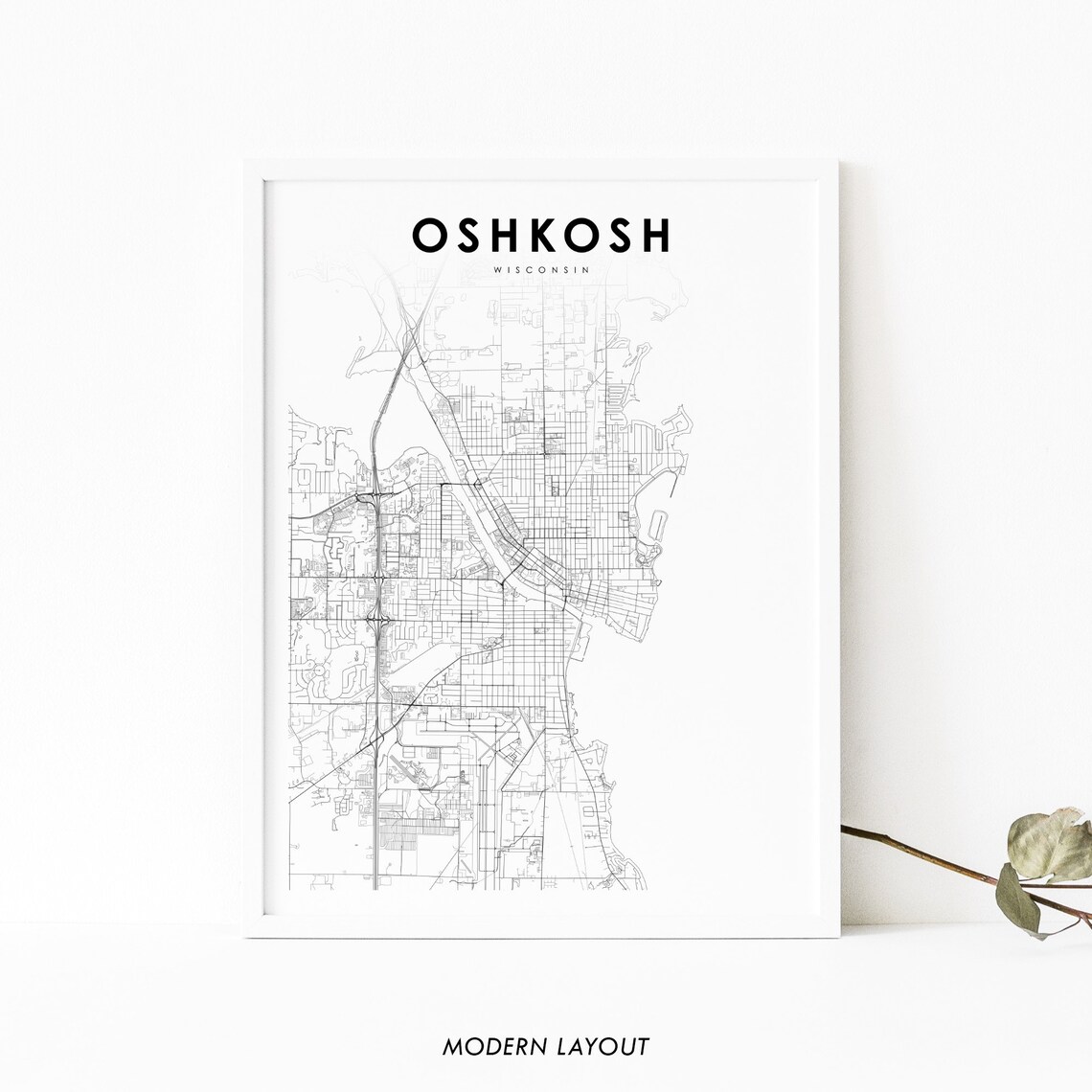Oshkosh WI Map Print, Wisconsin Street Map Poster