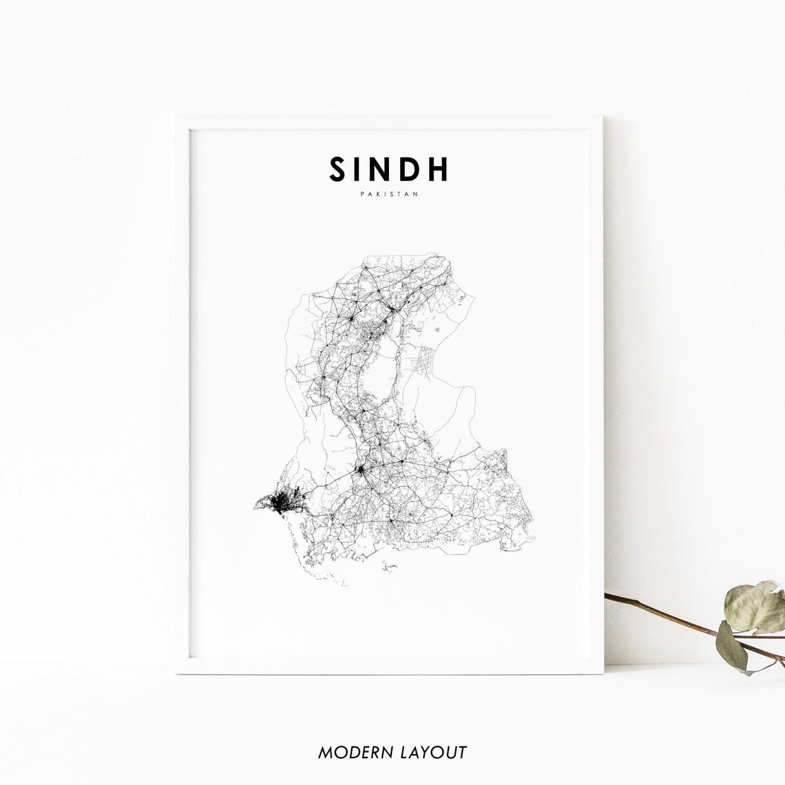 Sindh Pakistan Minimalist Road Map Line Art Print Modern Black Decor