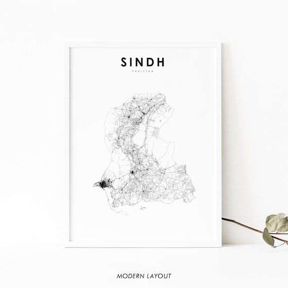 Sindh Pakistan Minimalist Road Map Line Art Print Modern Black Decor