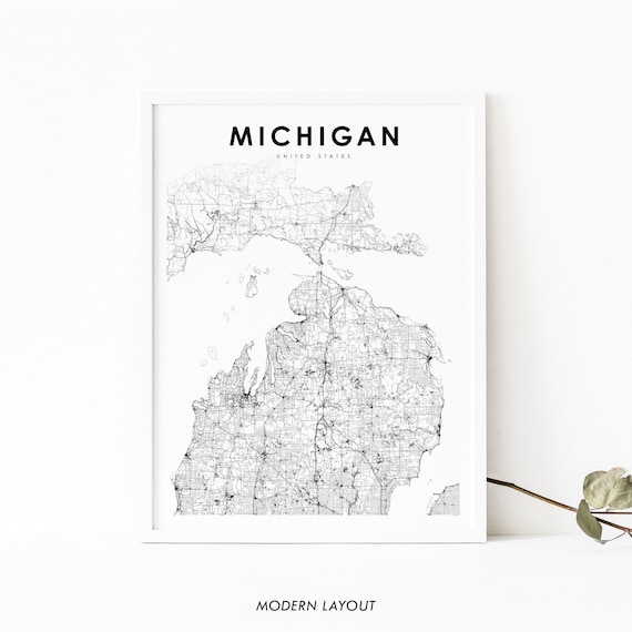Northern Michigan Map Print State Road Mi Usa United States Art Nursery Room Wall Office Decor