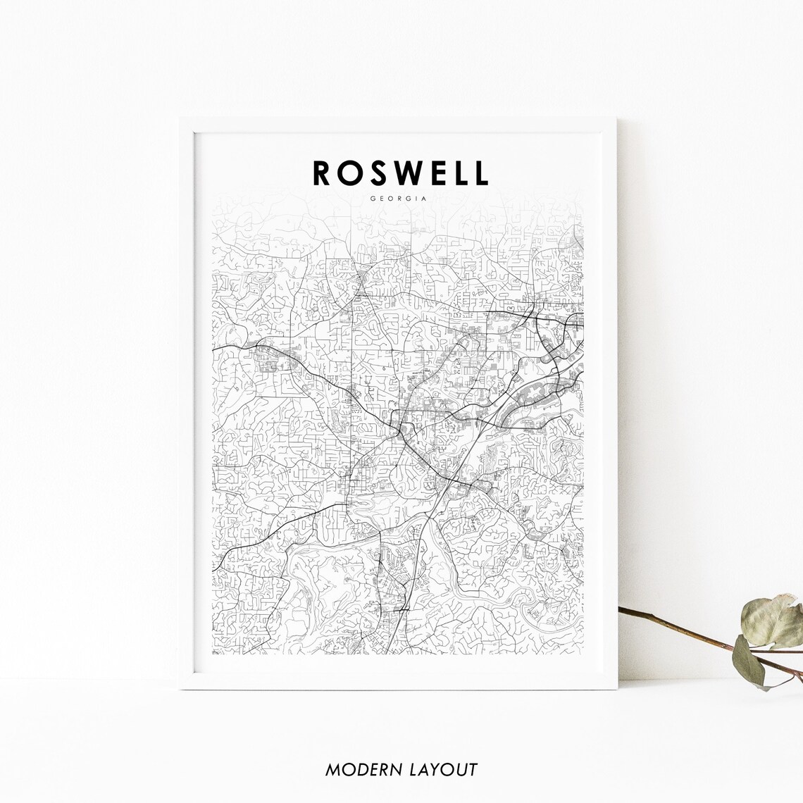 Roswell Georgia City Street Map Minimal Black Line Art Poster