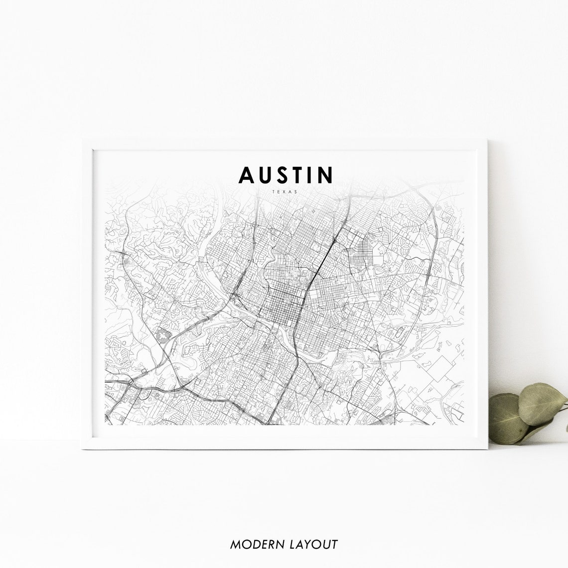 Austin Texas Minimal Black White City Street Map Modern Layout Poster