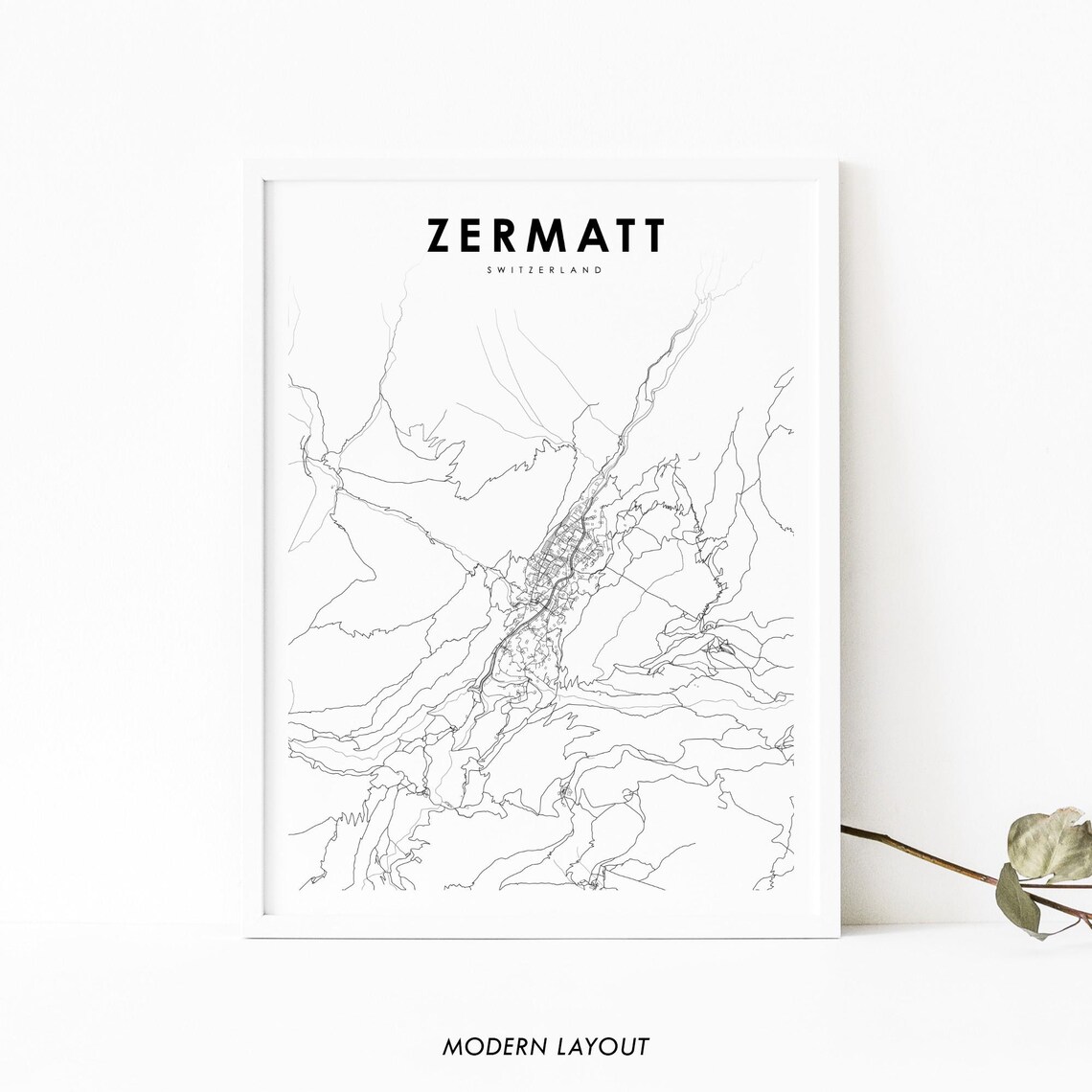 Zermatt Switzerland Alpine Village Street Map Minimalist Poster