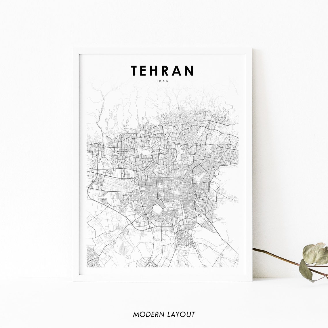 Tehran Iran Minimalist Black and White City Street Map Poster
