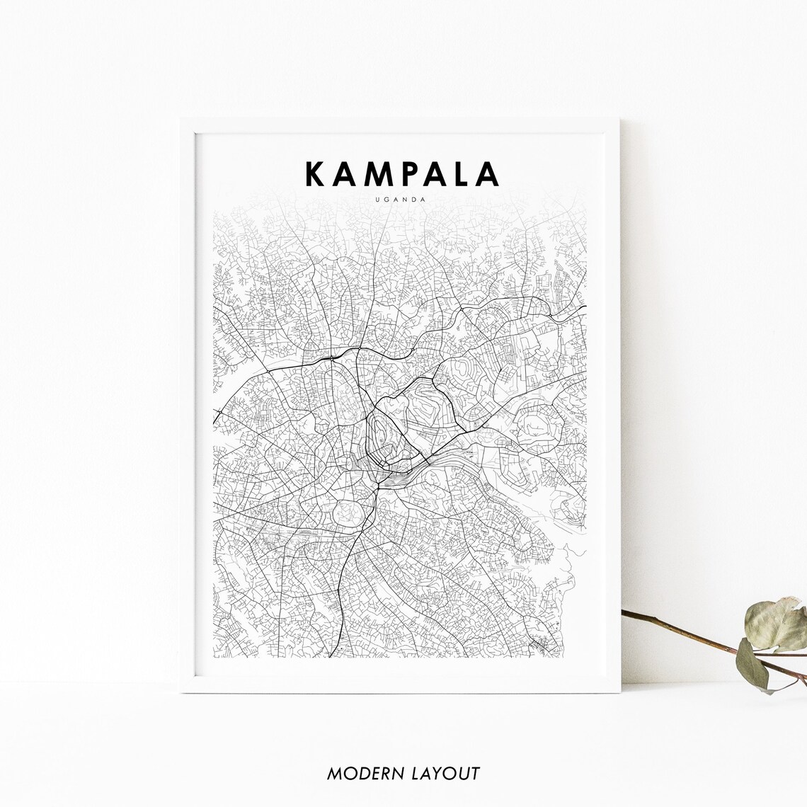 Kampala Uganda Modern Black and White Minimalist City Map Poster