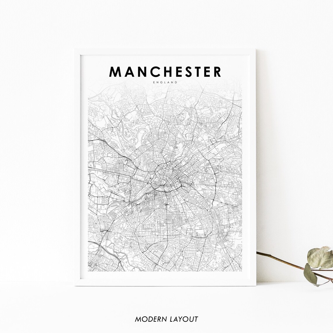 Manchester England Map Print, City Street Road Poster