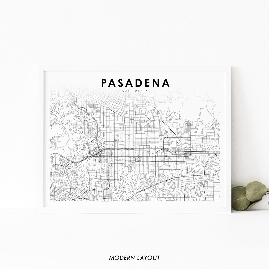 Pasadena California City Street Map Print Modern Minimalist Layout