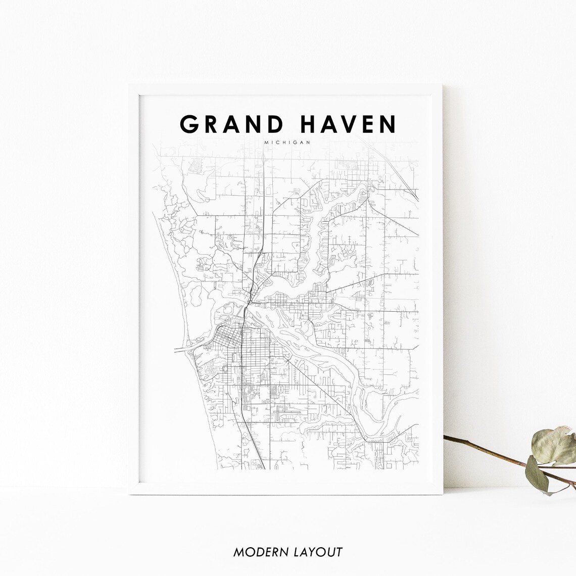 Grand Haven Michigan Lake Town Street Map Minimalist Wall Poster
