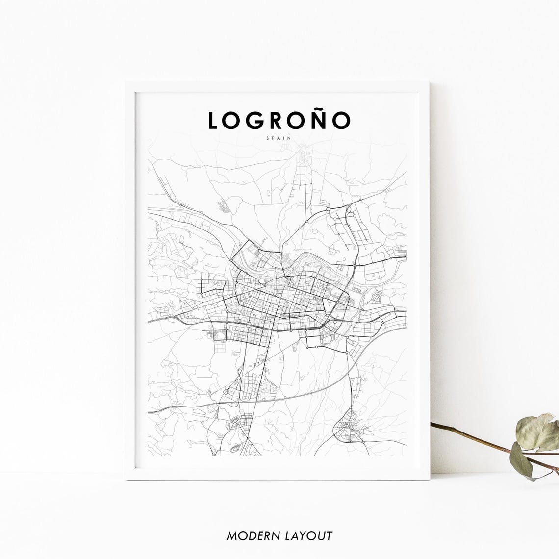 Logrono Spain Minimalist Street Map Black and White Wall Art