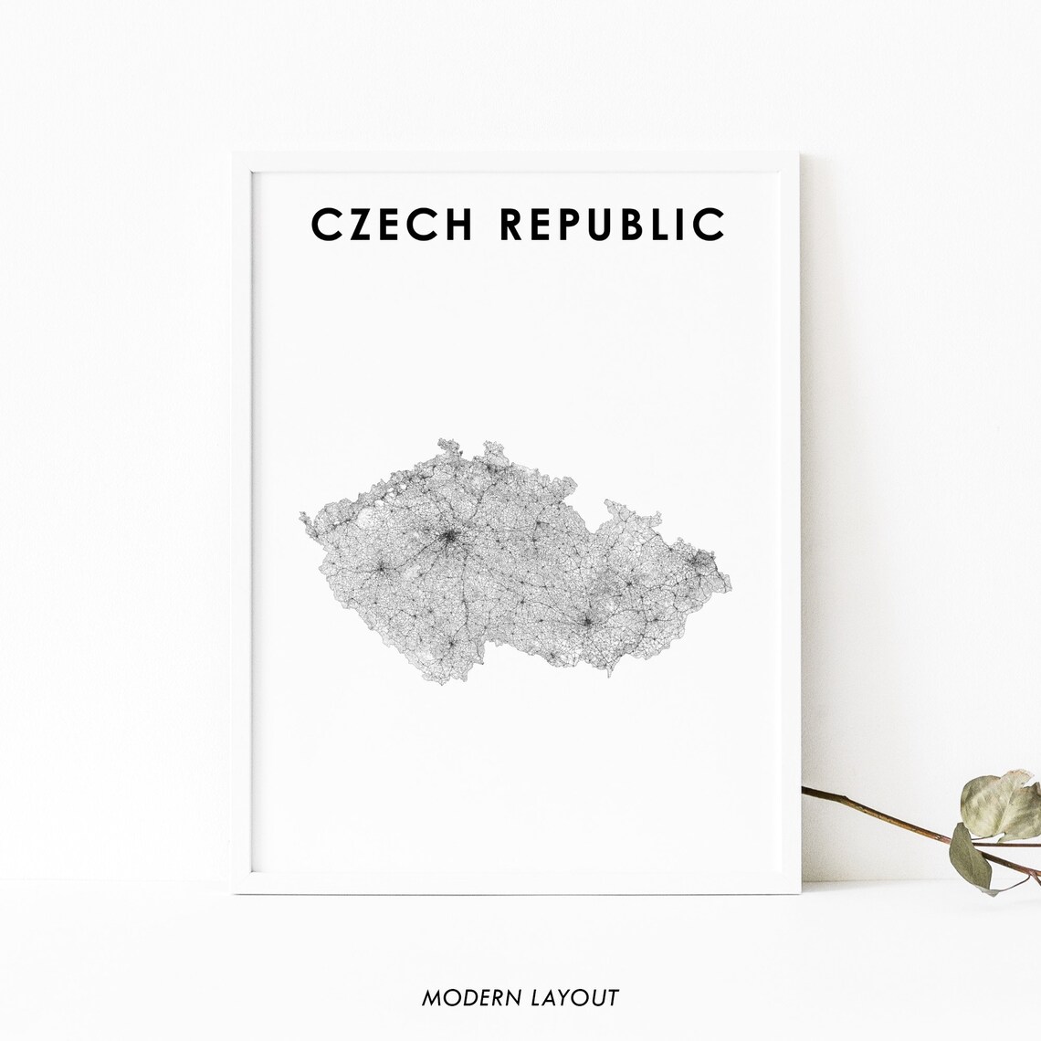 Czech Republic Country Road Map Modern Minimalist White Line Art Poster