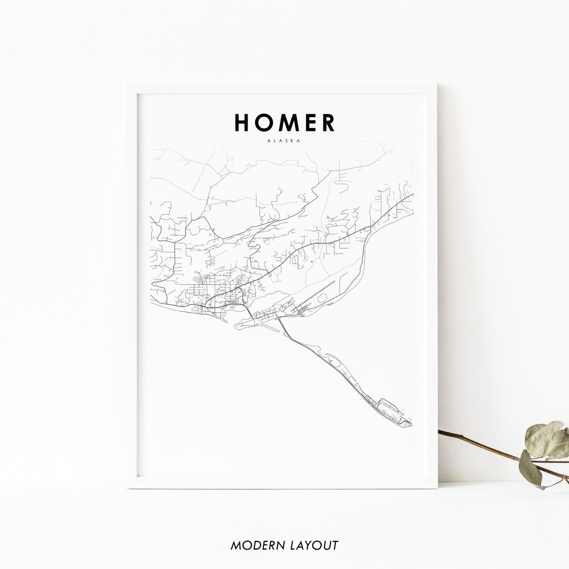 Homer Alaska Street Map Modern Minimalist Kenai Peninsula Wall Art