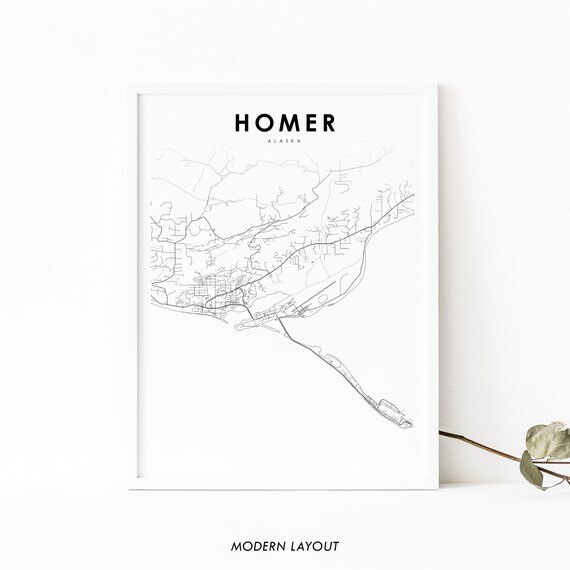 Homer Ak Map Print Alaska Usa Art Poster Kenai Peninsula City Street Road Nursery Room Office Wall Decor