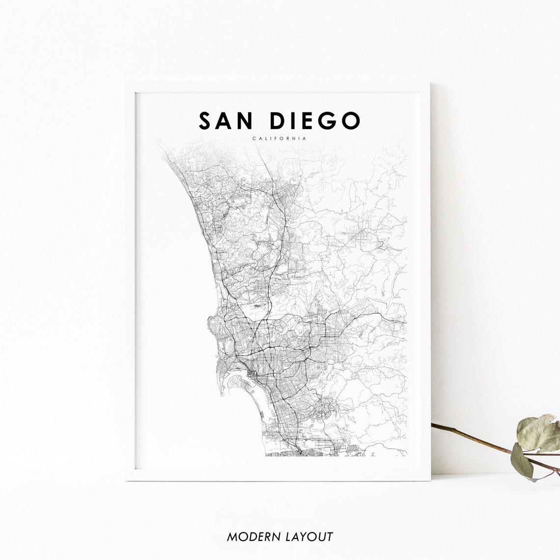 San Diego California Minimalist Black White Street City Map Poster