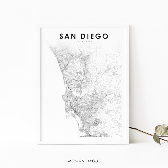 San Diego California Minimalist Black White Street City Map Poster