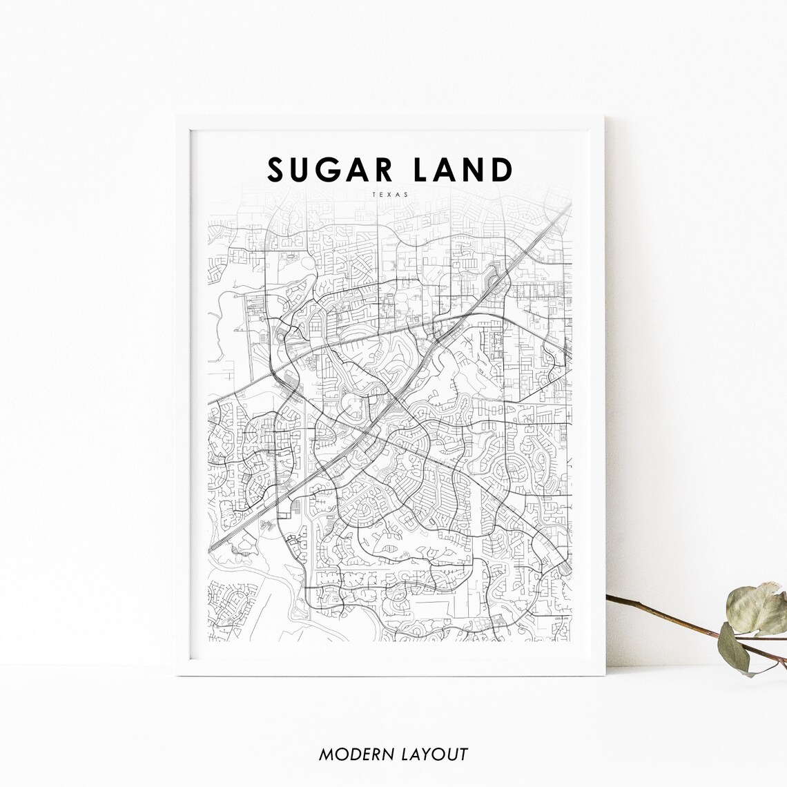 Sugar Land TX Map Print, Texas Road Poster