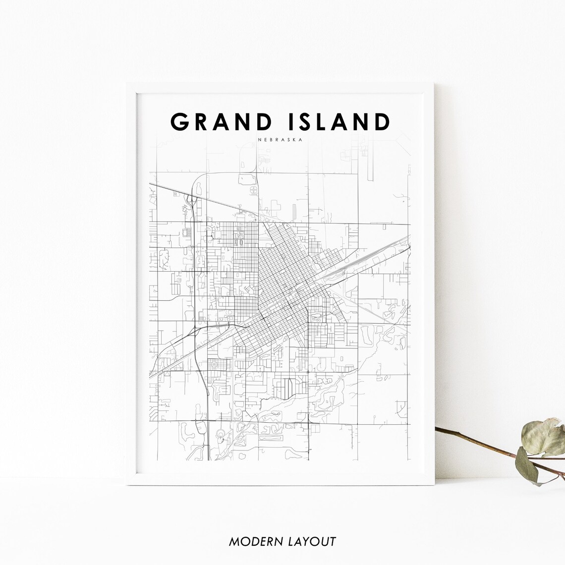 Grand Island Nebraska White Minimalist City Street Map Art Print