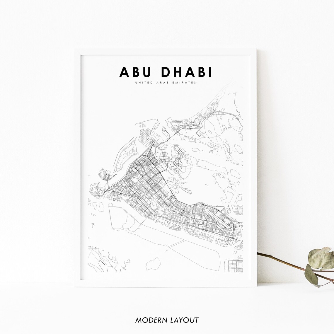 Abu Dhabi UAE Map Print, City Street Road Art Poster