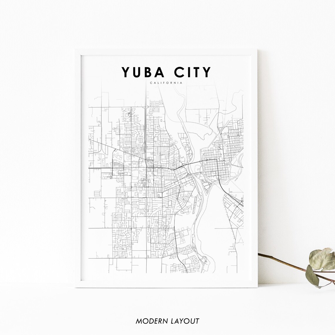 Yuba City California Minimal City Street Map Black And White Wall Art