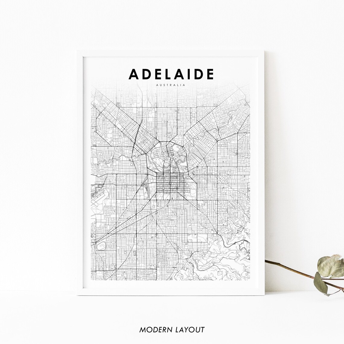 Adelaide Australia City Street Map Minimalist Black and White Art Poster