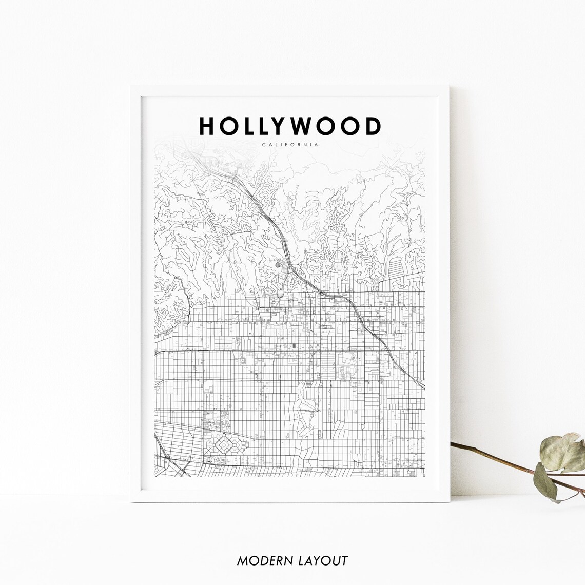 Hollywood California City Street Map Minimalist Line Art Poster