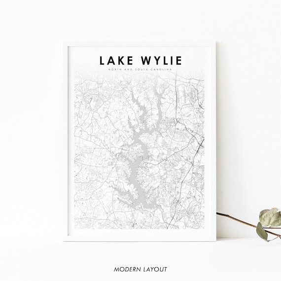 Lake Wylie Map Black and White Carolinas Lake Art Print Decor
