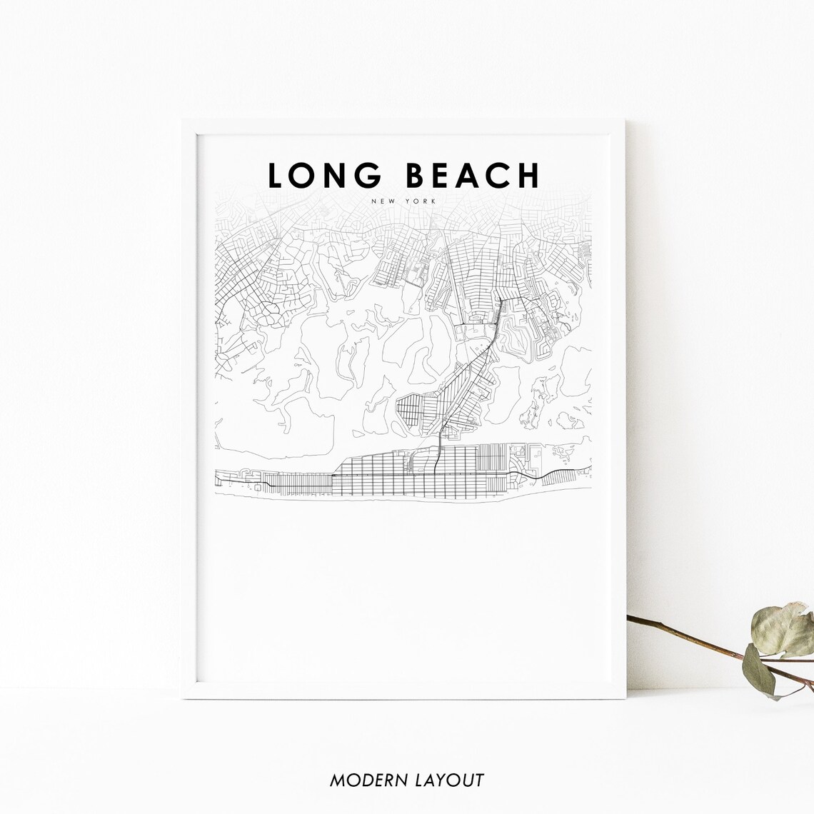 Long Beach NY Map Print, Nassau County Street Poster