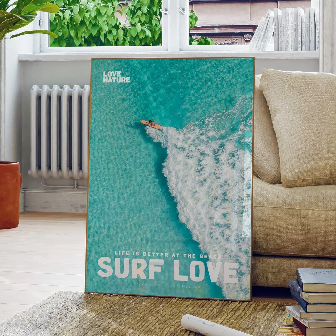 Surf Love Aerial Ocean Wave Foam Surfer Riding Board Photo Poster