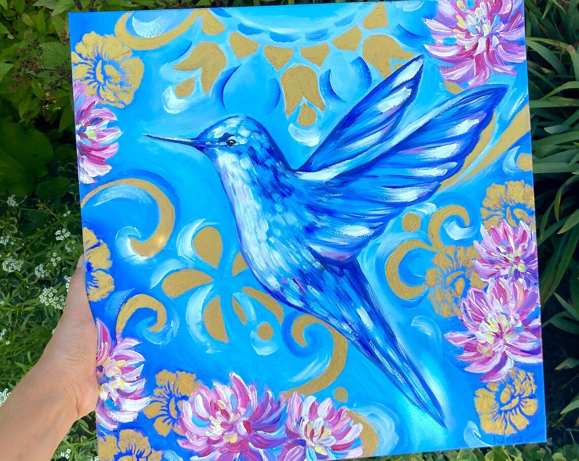Bird Painting Original Blue Bird Oil Painting On Small Bird Wall Art Humming Bird Art Hummingbird Original Painting Bird Lover Gift - Image 3
