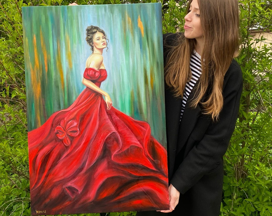 Lady In Red Dress Oil Painting Original Abstract Modern Woman Painting Green And Red Wall Art Beautiful Painting Of Woman Elegant Modern Art - Image 2
