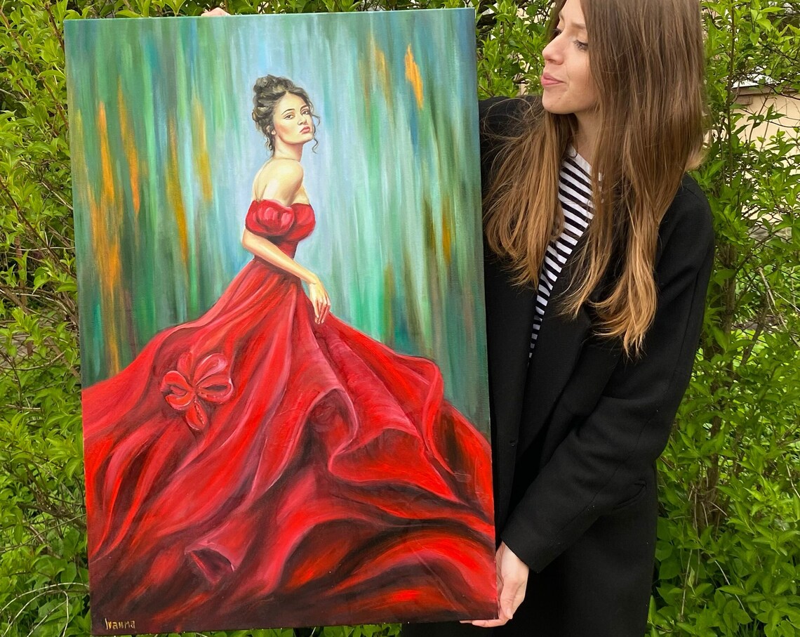 Woman Red Gown Teal Background Oil Painting Elegant Lady Portrait Art Poster - Image 2