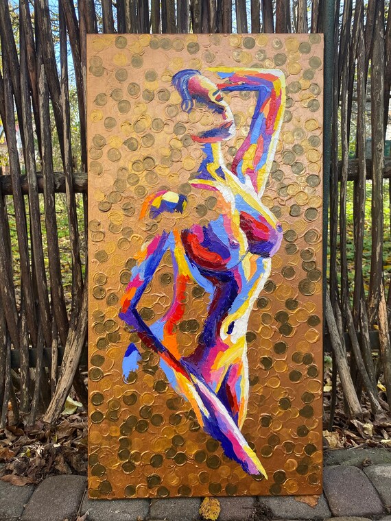 Colorful Nude Woman Posing Textured Gold Background Art Print