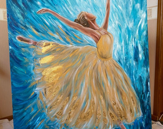 Abstract Ballerina Oil Painting Original Ballerina Room Decor Blue Gold Ballet Artwork Dancing Wall Art Modern Ballerina Painting On