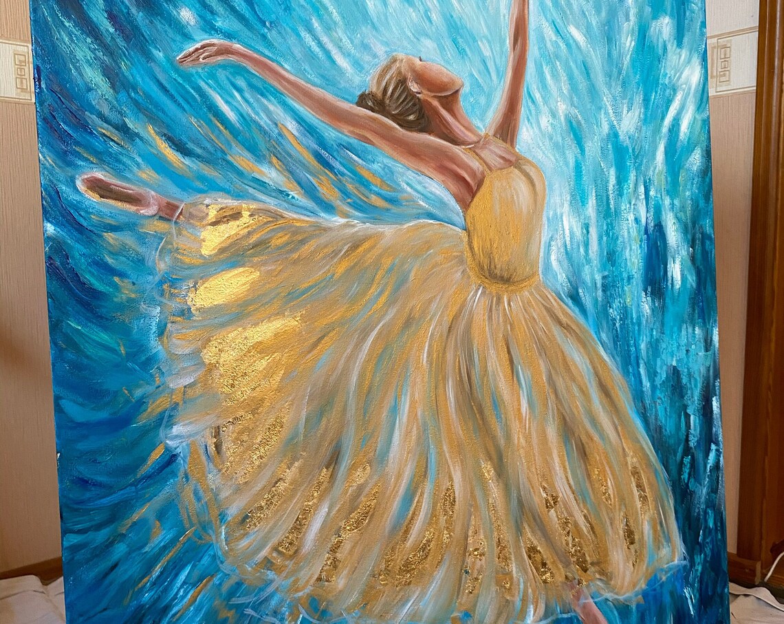 Abstract Ballerina Oil Painting Original Ballerina Room Decor Blue Gold Ballet Artwork Dancing Wall Art Modern Ballerina Painting On